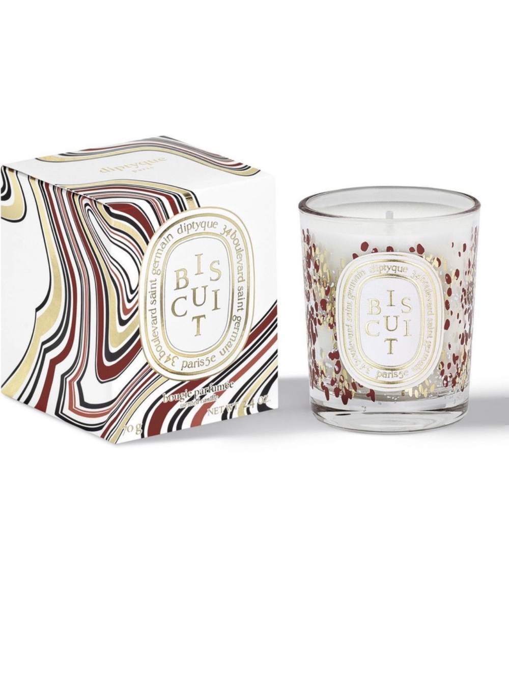 New diptyque Biscuit Candle in White Glass with Gold & Burgundy Speckle